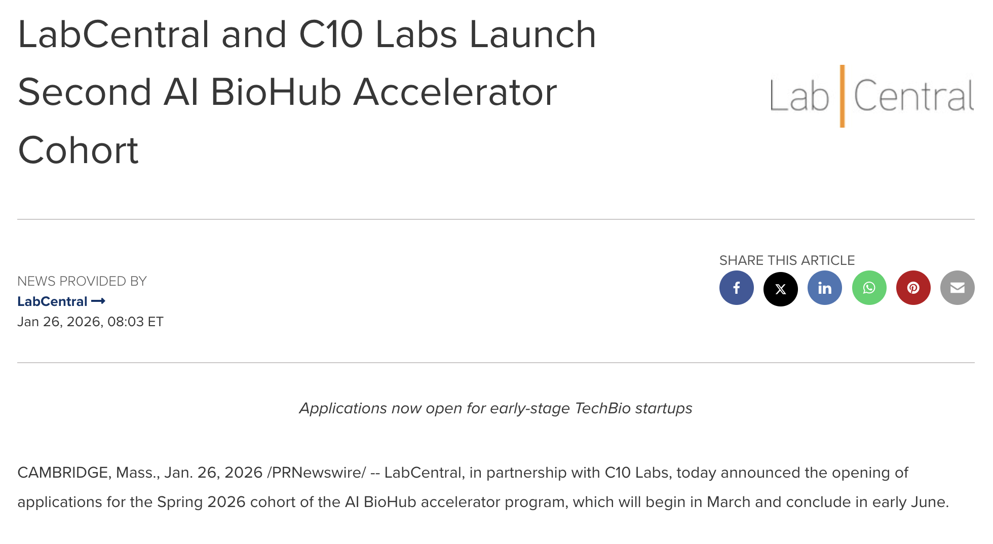 LabCentral and C10 Labs Launch 2nd AI BioHub Accelerator Cohort
