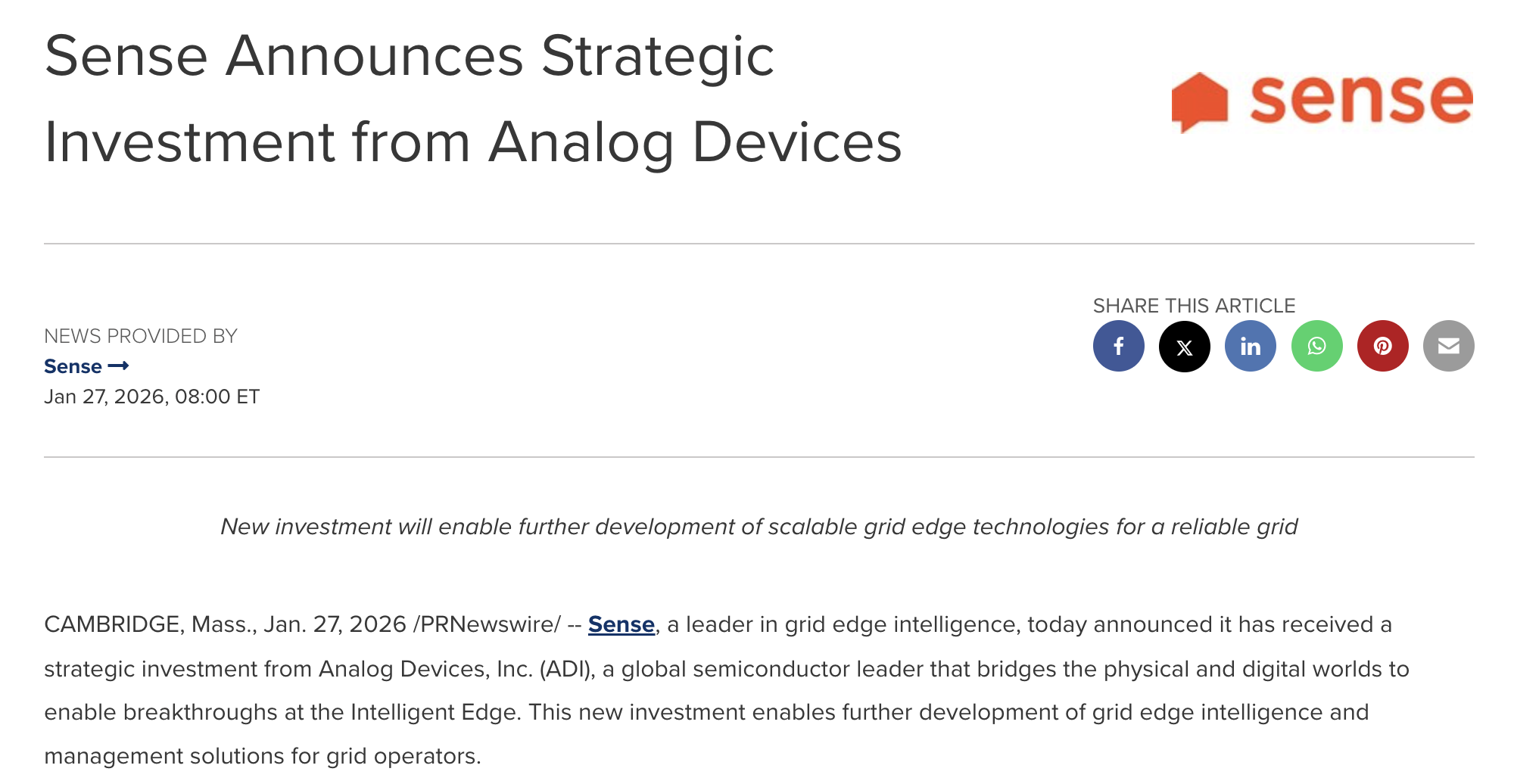 Sense Announces Strategic Investment from Analog Devices