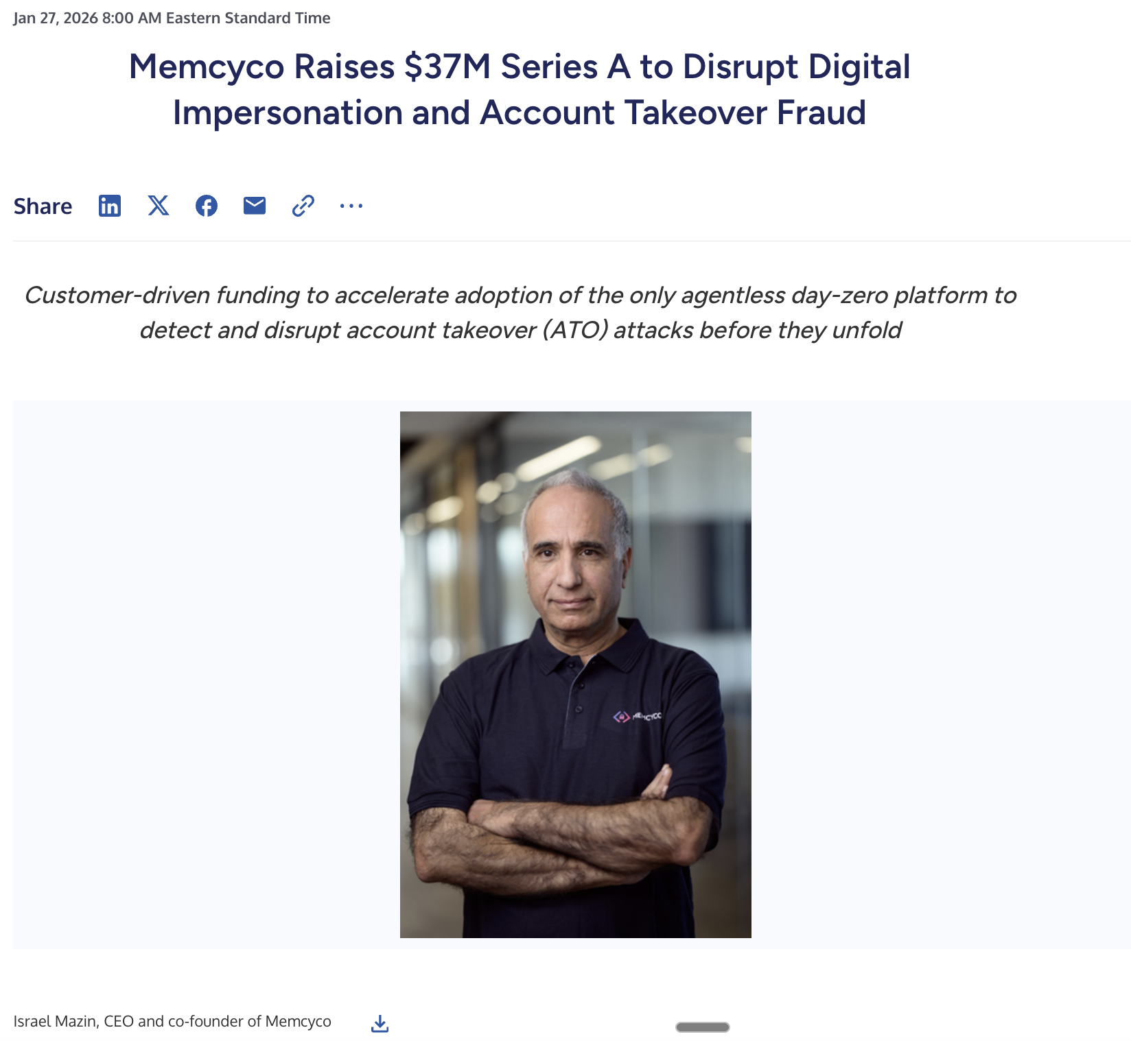 Memcyco Raises $37M Series A to Disrupt Digital Impersonation and Account Takeover Fraud