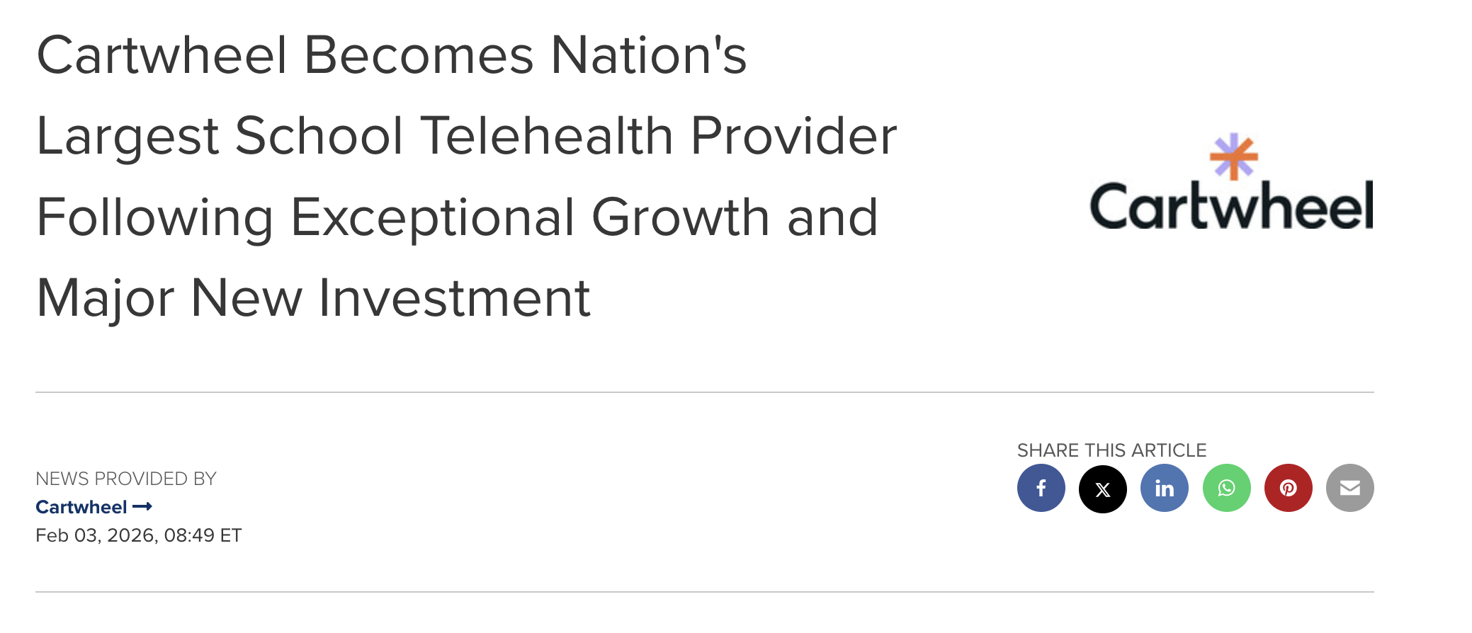 Cartwheel Becomes Nation’s Largest School Telehealth Provider (Growth Investment)