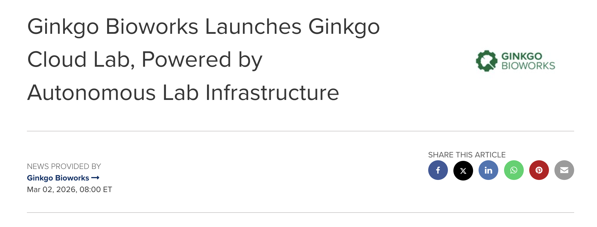 Ginkgo Bioworks Launches Ginkgo Cloud Lab – more inside the lab!